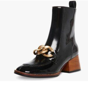 FSJ Black Chain Square Toe Block Mid Heel Ankle Boots Classic Side Zipper Shoes